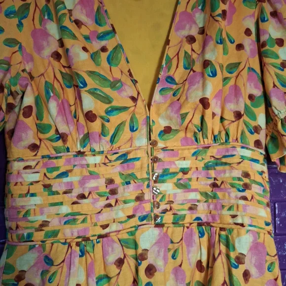 Farm Rio Yellow Floral Linen Cashew Dress Size Med - Picture 4 of 6